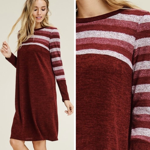 ONE LEFT Burgundy Midi Striped Sweater Dress - Picture 2 of 3